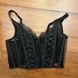 Victoria's Secret Dream Angels Unlined Lace-Up Corset Top Bra Black Lace Mesh M